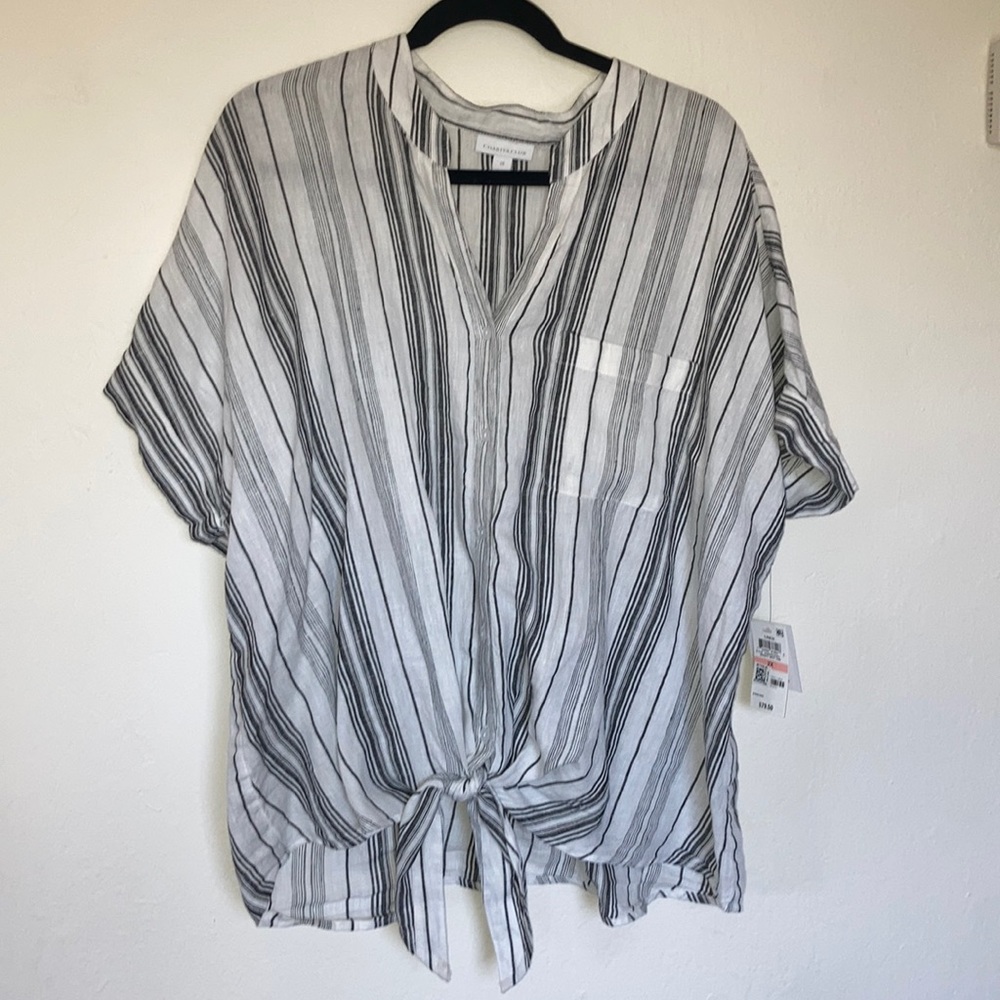 Charter club 100% Linen tied shirt white striped